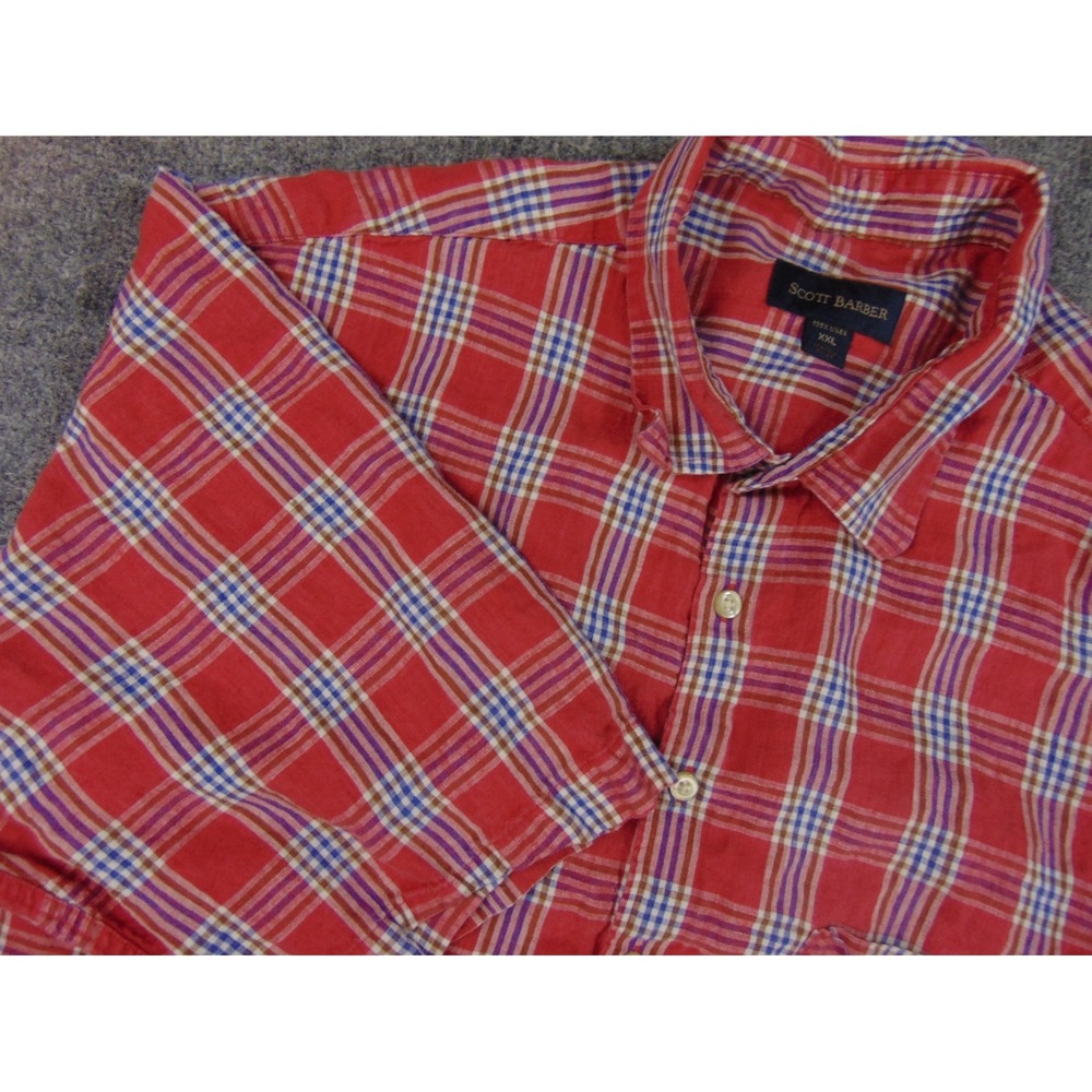 Scott Barber Shirt Mens 2XL Short Sleeve Red Plaid 100% Linen Button Up Summer‎